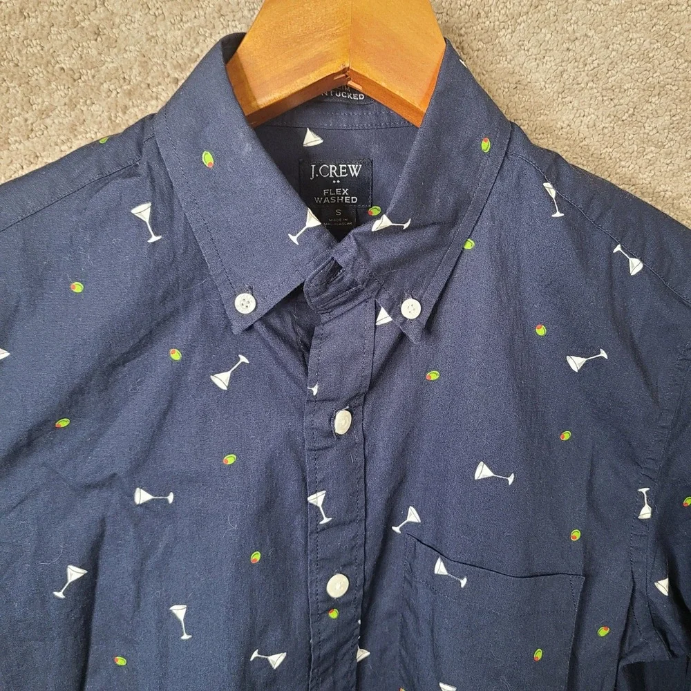 J Crew Shirt Mens Small Navy Martini Print Slim Untucked Button Down Cotton
